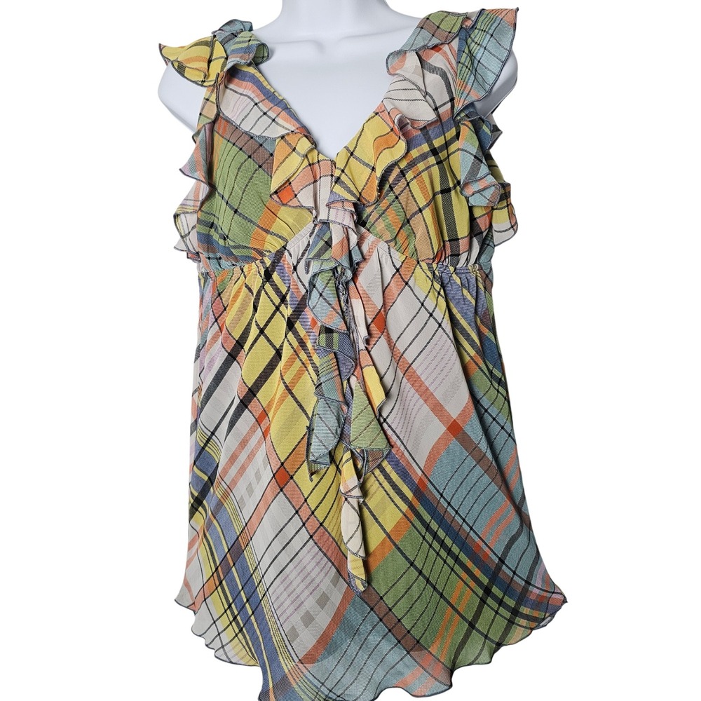 Plaid Ruffle Babydoll Top Womens S Multicolor Dopamine Cottagecore Airy NWT